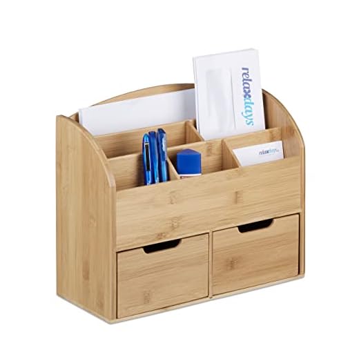 Relaxdays 10020336 Organiseur de bureau bambou distributeur de bureau 6 compartiments 2 tiroirs HxlxP: 25,5 x 33 x 13,5 cm, nature