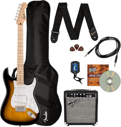 Fender Squier Sonic Strat Pack - 2-Color Sunburst Bundle with Frontman 10G Amp, Gig Bag, Tuner, Strap, Cable, Picks, and Austin Bazaar Guitar DVD