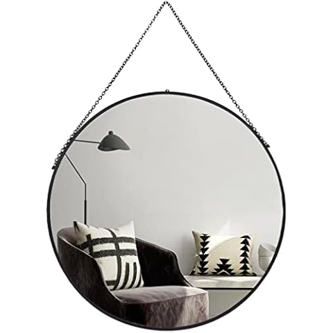 Camden Reed 23.5 Inch Round Hanging Black Metal Wall Mirror Featuring Chain, Accent Mirror, Bedroom Mirror, Bathroom Mirror Cover