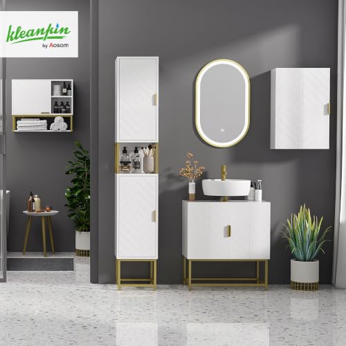 Miniatura 2 de Kleankin Armario Para Baño De Pared Moderno Mueble Para Baño Suspendido Con 1 Asa De Acero Y Estantes Ajustables Para Cocina 40x15x60 Cm Blanco