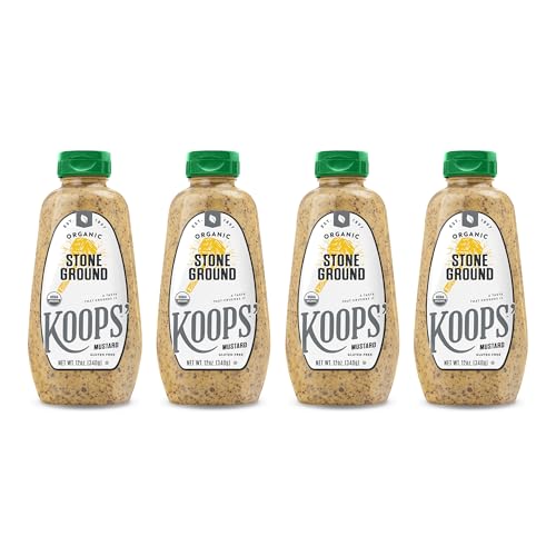 Koops' Organic Stone Ground Mustard – Old-Fashioned Mustard, Gluten-Free, Kosher, Non-GMO, USDA Certified Organic Mustard, Made in USA, From Quality Mustard Seeds – 12 Oz, Pack of 4