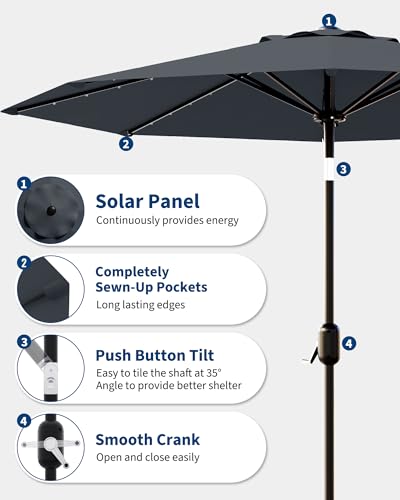 9 Ft Patio Umbrella with Solar Lights, 8 Ribs Outdoor Market Table Umbrella with 32 LED Lights & Tilt Crank for Pool, Deck, Backyard, Gray