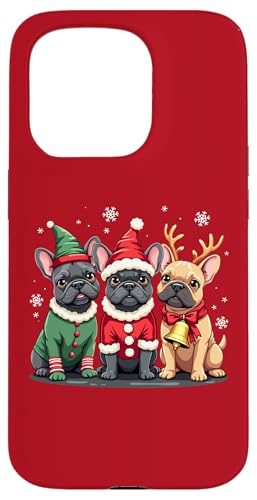 Carcasa para iPhone 15 Pro Bulldog Francés Navidad Perros Divertido Santa Reno Elfo