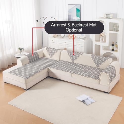 Image of HOKIPO L Shape (3+2 Seater) Sofa Cover Seat Mat | 300 GSM Cotton Acrylic Jacquard Fabric with Tassel, 'Trivana Series' Charcoal Black (IN-936+935-J6)