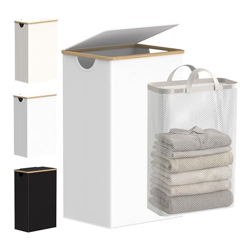 efluky Laundry Hamper with Lid, 100L Tall Laundry Basket with Bamboo Handles for Clothes and Toys, Collapsible Laundry Hamper with Inner Bag for Bedroom and Bathroom, White