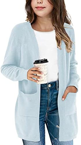 Amarmia Girl's Open Front Cardigan Long Sleeve Knit Sweaters Solid Cute Casual Loose Outerwear Coats with Pockets Blue