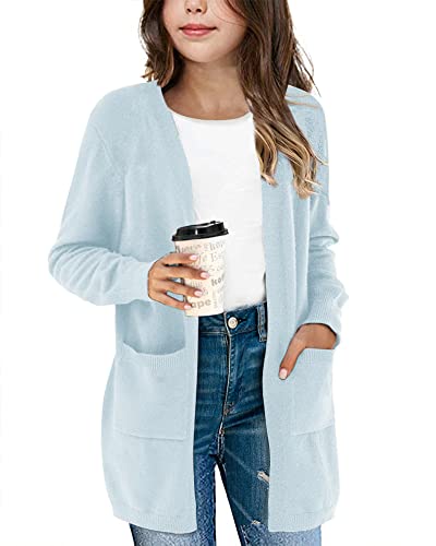Amarmia Girl's Open Front Cardigan Long Sleeve Knit Sweaters Solid Cute Casual Loose Outerwear Coats With Pockets Blue #TOP1