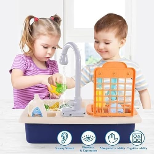 Image of Kitchen Sink Toy Set with Running Water Tap - Pretend Play Dishwasher Kitchen Playset with Utensils, Cups, Vegetables & Cleaning Accessories for Boys and Girls Kids