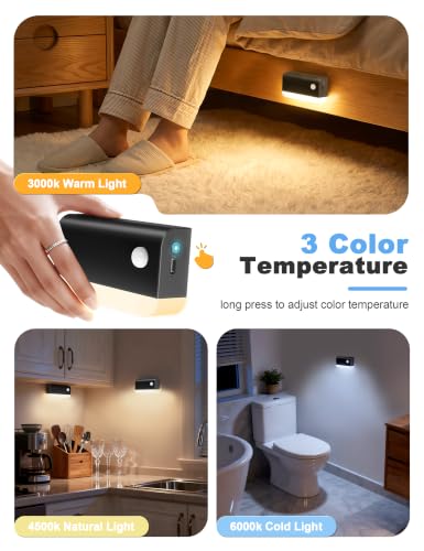 Image of NIORSUN Motion Sensor Stair Lights Indoor, 3 Pack Rechargeable Wireless Step Lights with 3 Color Temperatures, 1200mAh Battery, Magnetic Base for Hallway, Closet, Bathroom, Black