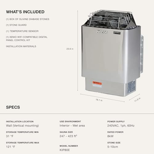 Image of Harvia KIP Wall Mount Electric Sauna, 220V-240V, 8kW, Digital Controls | Stainless Steel Construction, Digital Controls, Includes Sauna Stones, Large Stone Cavity, Electric Sauna Heater