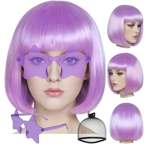 Image of ANOGOL Light Purple Bob Wig with Bangs Purple Wigs for Women Colored Wigs | Hair Cap+Sunglasses Short Neon Wig for Bachelorette Party Funny Outfit for Women Halloween Costume Night Club Crazy Hair Day