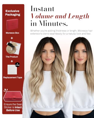 Image of Moresoo Human Hair Tape in Extensions Brown Blonde 12 Inch 20Pcs 30g | Human hair tape in extensions, Remy straight texture, dark roots, honey blonde lengths, flat tabs, short bob styling