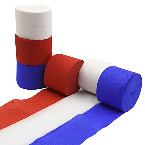 Crepe Paper Streamer Rolls Hanging Party Decoration Total 490-Feet, 6Rolls, Theme Party Streamer for Wedding Bridal Baby Shower Birthday Art Project Supplies, by BllalaLab(White, Red, Blue -Patriot)