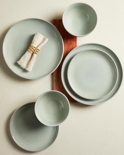 Image of Pokini 18 Piece Dinnerware Set for 6, Reactive Glaze Terracotta Plates and Bowls Set, Large Family-Sized Stoneware Dish Set for Gatherings, Chip and Scratch Resistant, Slate Green