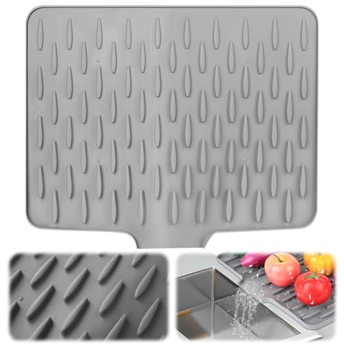 Tappetino Scolapiatti in Silicone Antiscivolo, Resistente al Calore, con Sistema di Drenaggio per Acqua, Protezione Piano di Lavoro per Cucina e Bagno (Grigio, 40 x 33 cm)