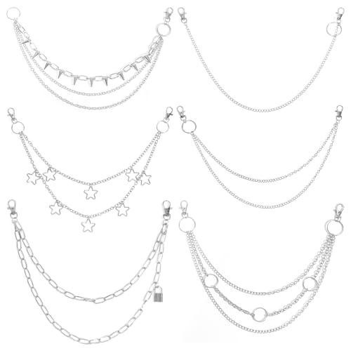 Silver Chain Belt, 6 Pcs Jeans Pants Chains Pocket Punk Hip Hop Y2k Goth Accessories Metal Wallet Chain for Men Women(Star Rivet Chain)