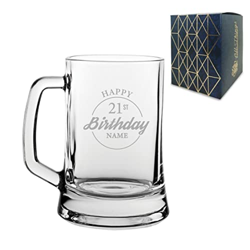 Personalised Engraved Tankard Beer Mug Stein Happy 21st Birthday Circle Design Gift Boxed, 16.75oz/495ml Classic Beer Glass, Any Name, Engraved in The UK