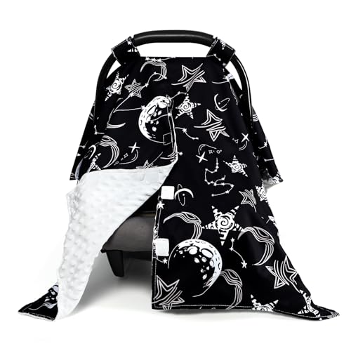 Baby Car Seat Cover, Soft Minky Warm Winter Car Seat Canopy for Infants & Toddlers, Opening with Adjustable Strap, Breathable Nursing Cover & Stroller Blanket, Black Starry Sky (Fits Most Car Seats)