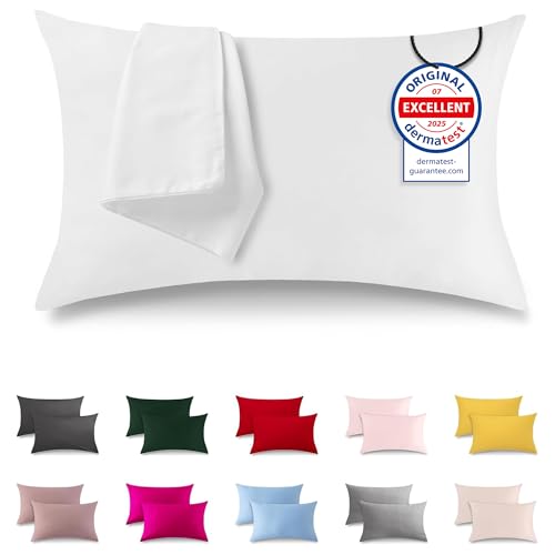 ATsense 2er Set Kissenbezug 40x80 cm - 100% Baumwolle, Weiß Kopfkissenbezug Weich und Hypoallergen, ÖkoTex Zertifiziert, Kissenhülle mit Reißverschluss für Allergiker Geeignet