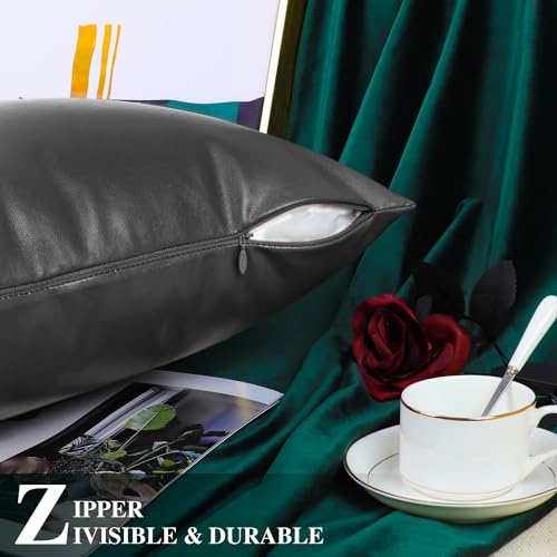 Image of BRAWARM Pack of 2 Cozy Bolster Pillow Covers Cases for Couch Sofa Bed Solid Faux Leather Soft Luxury Cushion Covers Both Sides Home Decoration 12 X 20 Inches Charcoal Gray