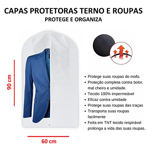 Kit 5 Capa Para Terno Protetor de Roupa Jaqueta Vestido Com Zíper TNT Impermeável Branco