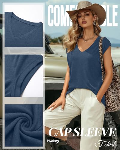 Image of Huukeay 3 Pack Women's V Neck Cap Sleeve T Shirts | Short Sleeve Basic Tees, Loose Fit Soft Tops for Women, Casual Lightweight Shirts, Everyday Summer Clothes