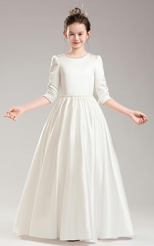 Satin Flower Girl Dresses for Wedding Pearls Pageant Dresses for Girls Birthday Party Ball Gown with Bow-Knot4