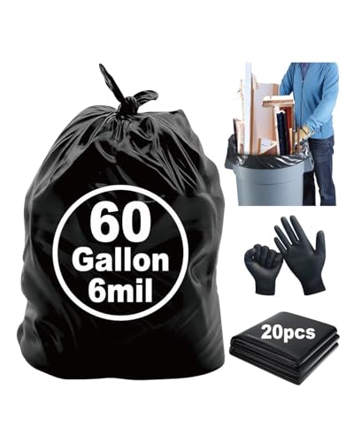 6 Mil Heavy Duty Contractor Trash Bags - 20 Pack Large Clear Construction Garbage Bags for 50/55/60 Gallon (Extra Thick Tear Resistant) (32 X 52) (Black-6 Mil)
