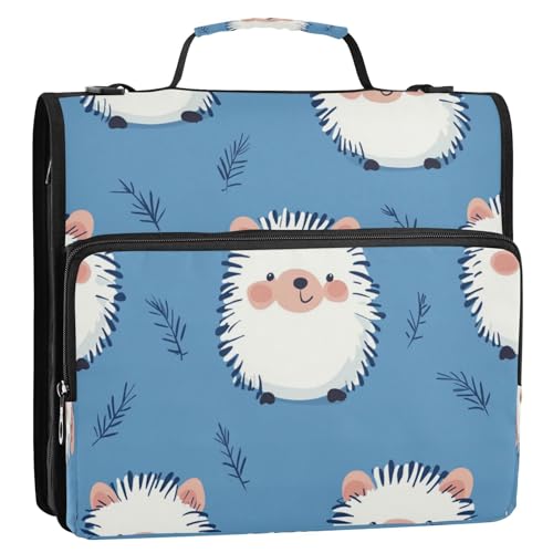 Boccsty Cartoon Hedgehogs Pattern Zipper Binder 3 Ring Binders Expanding File Folder Multi-Pocket Zipper Binder Organizer for School Shoulder Strap and Handle