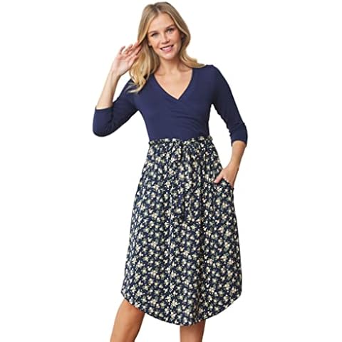 Eloges Women's 3/4 Sleeve Contrast Band Floral Curved Hem Midi Dress with Pockets Egs (1X, Navy/Ivory Floral Surplice Sash) Cover
