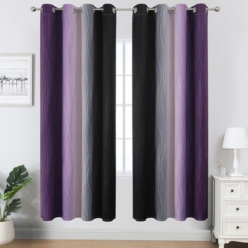 Estelar Textiler Purple and Black Blackout Curtains for Living Room, Full Room Darkening Grommet Ombre Curtains for Bedroom, Thermal Insulated Light Blocking Gradient Drapes, 52Wx72L, 2 Panels