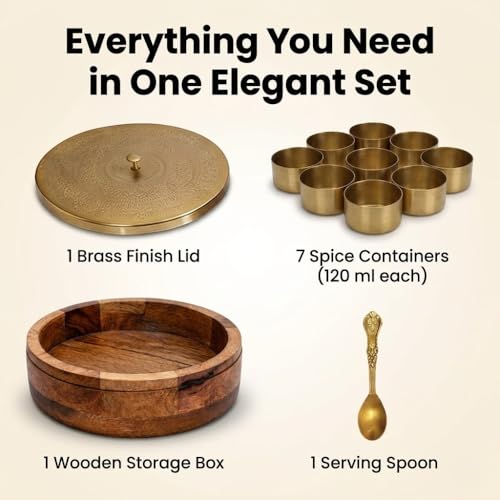 Image of Masala Dani Wooden Masala Box for Kitchen with Spoon, Acacia Wood 7 Detachable Containers (120 ML Each) - Masala Box Wooden Traditional Spice Organizer for Kitchen Storage & Spice Box Gift