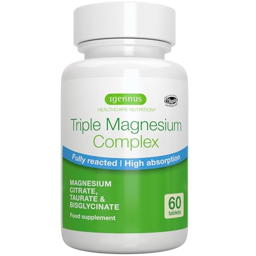 Igennus Superior Fully Reacted Triple Magnesium Complex, 262mg Body-Ready Elemental Magnesium, Glycinate, Citrate & Taurate Blend, Clean Label & Chelated, Vegan, 60 Tablets