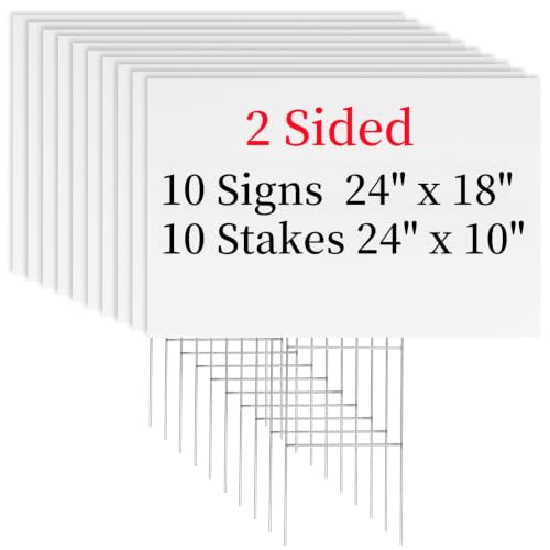 Newflager 10 Pack 18 x 24 Inches Large White Corrugated Plastic Yard Sign with Metal Stakes for Birthday, Real Estate Garage Sale Signs, Rent, Guidepost Decorations