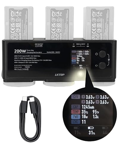 LKTOP Cargador rápido de batería Air 3/Air 3S de 200 W para DJI/Specta Air 3 Series Drone Adaptador de corriente USB-C, con recolección de electricidad promedio/carga rápida/almacenamiento/LED/modo de