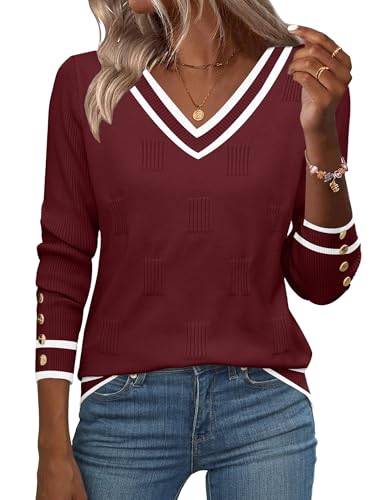 Zeagoo Womens V Neck Sweaters Shirts Long Sleeve Lightweight Ribbed Knit Pullover Sweater Blouse Tops with Buttons Oufits
