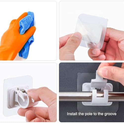 Image of 4 Pack Self Adhesive Curtain Rod Brackets White No Drill Curtain Rod Holder Hooks Heavy Duty Wall Mount Rod Supports for Home Bathroom Hotel Bedroom Window Curtains Without Screws or Drilling