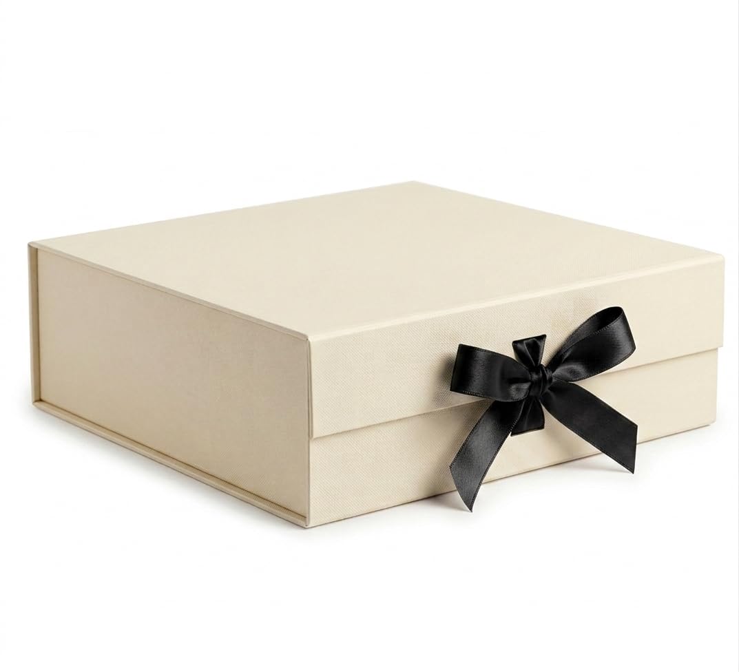 RBS® - LARGE Gift Box (34 x 33 x 10cm) Gift Box for Packaging (1 Pack) Hamper Box for Gift Holds Upto 10 kg Gift Packing Box Gift Boxes for Return Gifting Hamper Box (Ivory Crest Black Ribbon)