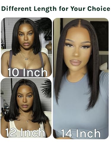 Image of KLAIYI Yaki Straight Bob Wig Bye Bye Knots Glueless Pre Everything 13x4 Lace Frontal Wigs Human Hair Pre Cut Pre Plucked Pre Bleached Put On and Go Wigs for Beginners 30S Easy to Wear Kinky Wig 12Inch