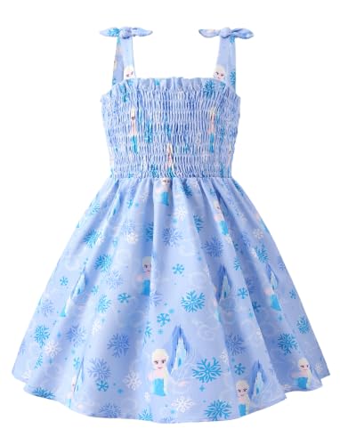 Image of Disney Princess Frozen Elsa Minnie Stitch Toddler Girl Dress Bow Tie Straps Smocked Summer Outfit Birthday Party Clothes 2-9Y