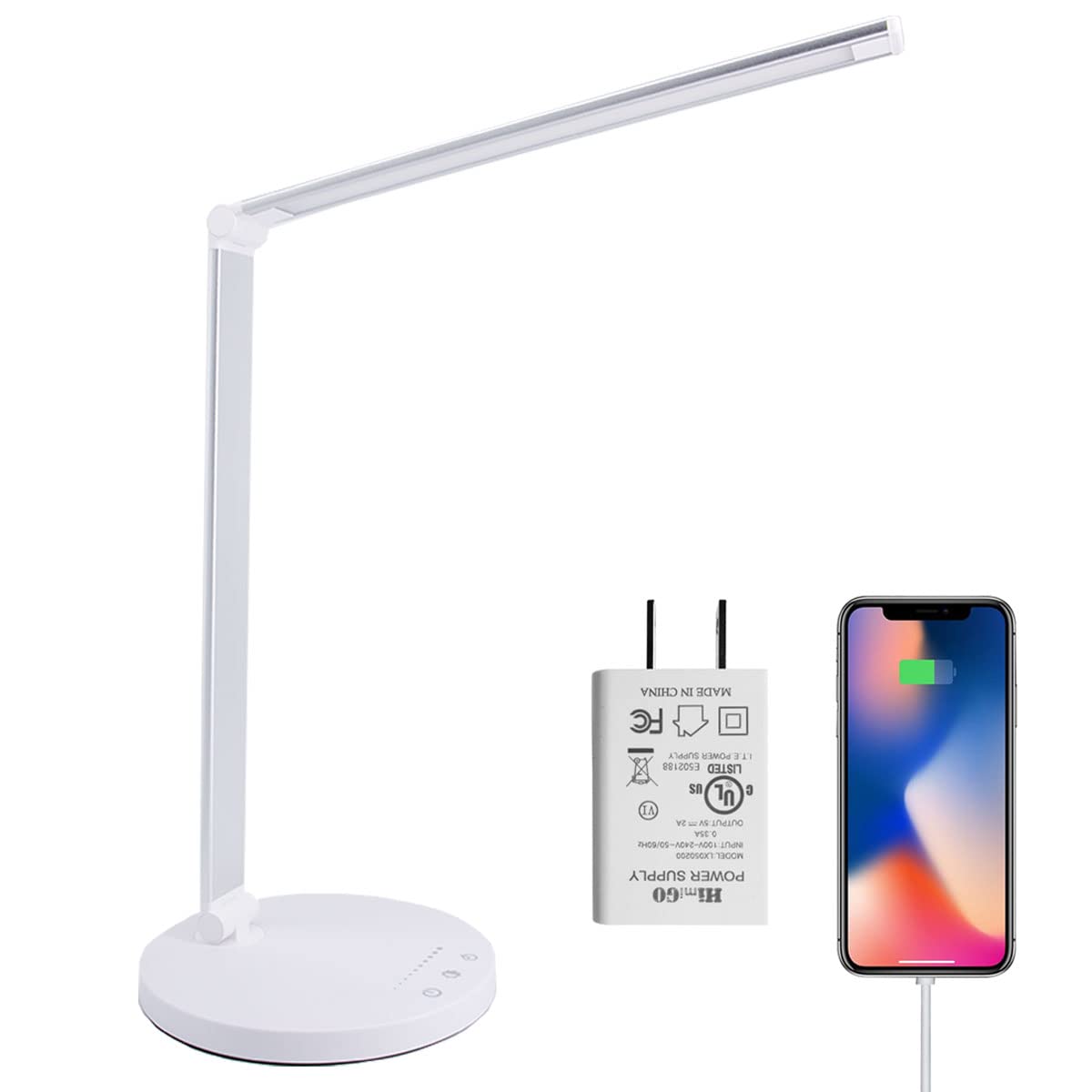 HimigoLED Desk Lamp, Aluminum Table Lamp, Dimmable Eye-Caring Table Lamp with 5 Lighting Models with 5 Brightness Levels, Touch Control and Memory Function, USB Charging Port, 8W, White…… (USB)