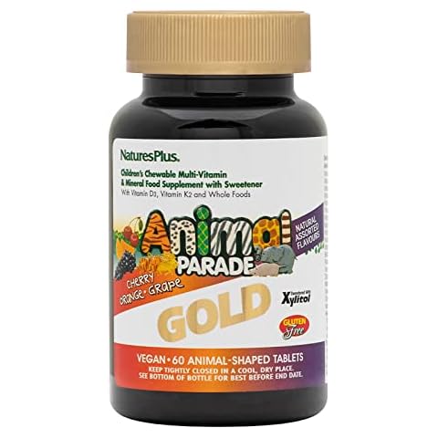 NaturesPlus Animal Parade Gold Children’s Multivitamin - Fun Animal Shaped Chewable Multi for Kids - Cherry, Orange and Grape Flavours - Vegan, Gluten Free - 60 Chewable Tablets Cover