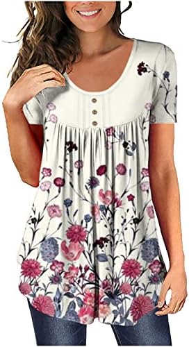 Beige Teen Girls Floral Print T Shirts Crew Square Neck Blouses Tshirts Short Sleeve Gift T Shirts Button Down Up BE M
