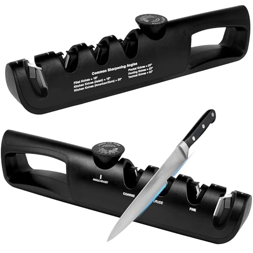 KRUMAD Messerschärfer 3-stufig - Einstellbarer Winkel – Professionelle Schärfung für Küchenmesser, Outdoor Messer und Scheren – Wolframstahl und Keramik - Schnell und Einfach zu Bedienen