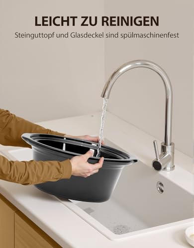 3,5 l | 200 W Slow Cooker con 3 livelli di riscaldamento e indicatore di potenza, lavabile in lavastoviglie e con maniglie, coperchio in vetro facile da pulire - immagine 6