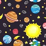 Tela de algodón 100 % con temática espacial, estampado de galaxia, cohete, planeta, astronauta, cielo estrellado, 44 pulgadas de ancho, acolchado, manualidades, costura (planetas coloridos, medio