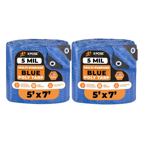 Image of Better Blue Poly Tarp - 5' X 7' - Multipurpose Protective Cover, Lightweight, Durable, Waterproof, Weather Proof - 5 Mil Thick Polyethylene - by Xpose Safety (Pack of 2)