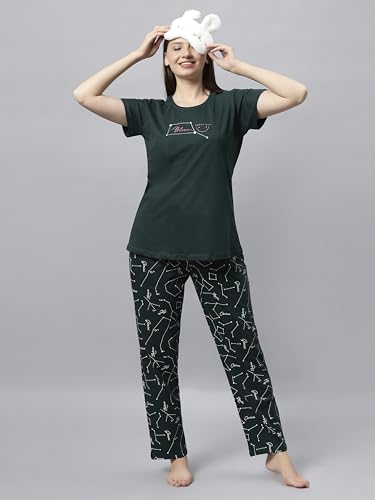 Image of DZZO Women's Cotton Printed Night Suit Set of T-Shirt & Pyjama, Night wear Dress, Relaxed wear for Women /Girls