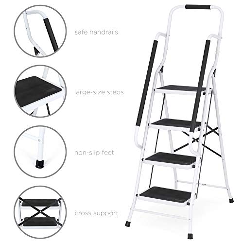 Best Choice Products 4-Step Folding Ladder w/Padded Handrails, Attachable Tool Bag