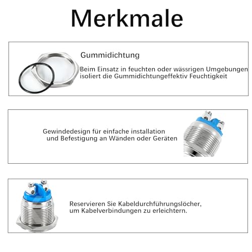 2 Stück 22mm Edelstahl Drucktaster, IP67 Taster Wasserdicht Momentaner Schalter,Momentan Schraubklemmen Klingelknopf Edelstahl für Auto, Zündanlagen,Haushaltsgeräte
